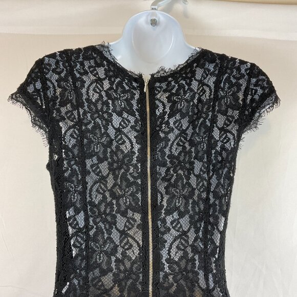 Babaton Lace Dress 2 Black Short Sleeve V-Neck Sheer Back Pockets - Picture 8 of 13